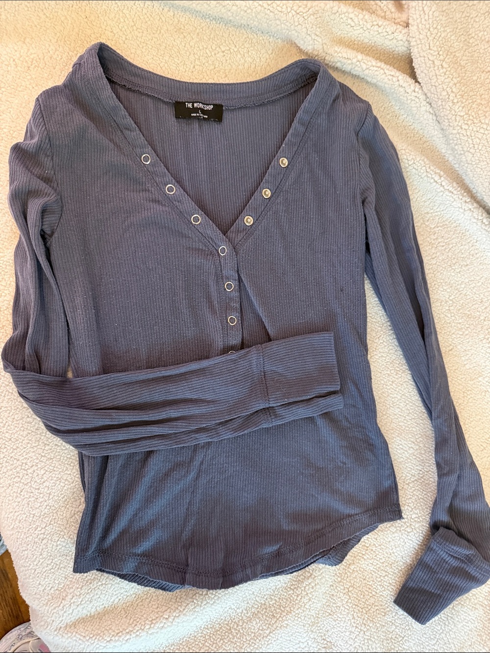 Workshop Republic Clothing Ribbed Snap-Henley Long Sleeve Top in Dusty Blue